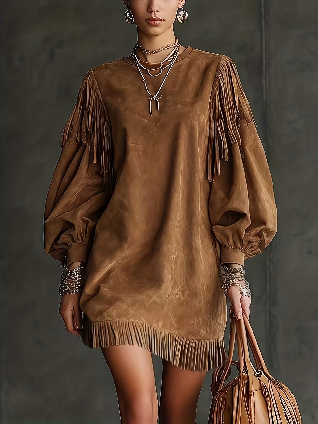 Curated Designer –Western-style Brown Faux-suede Fringe Dress