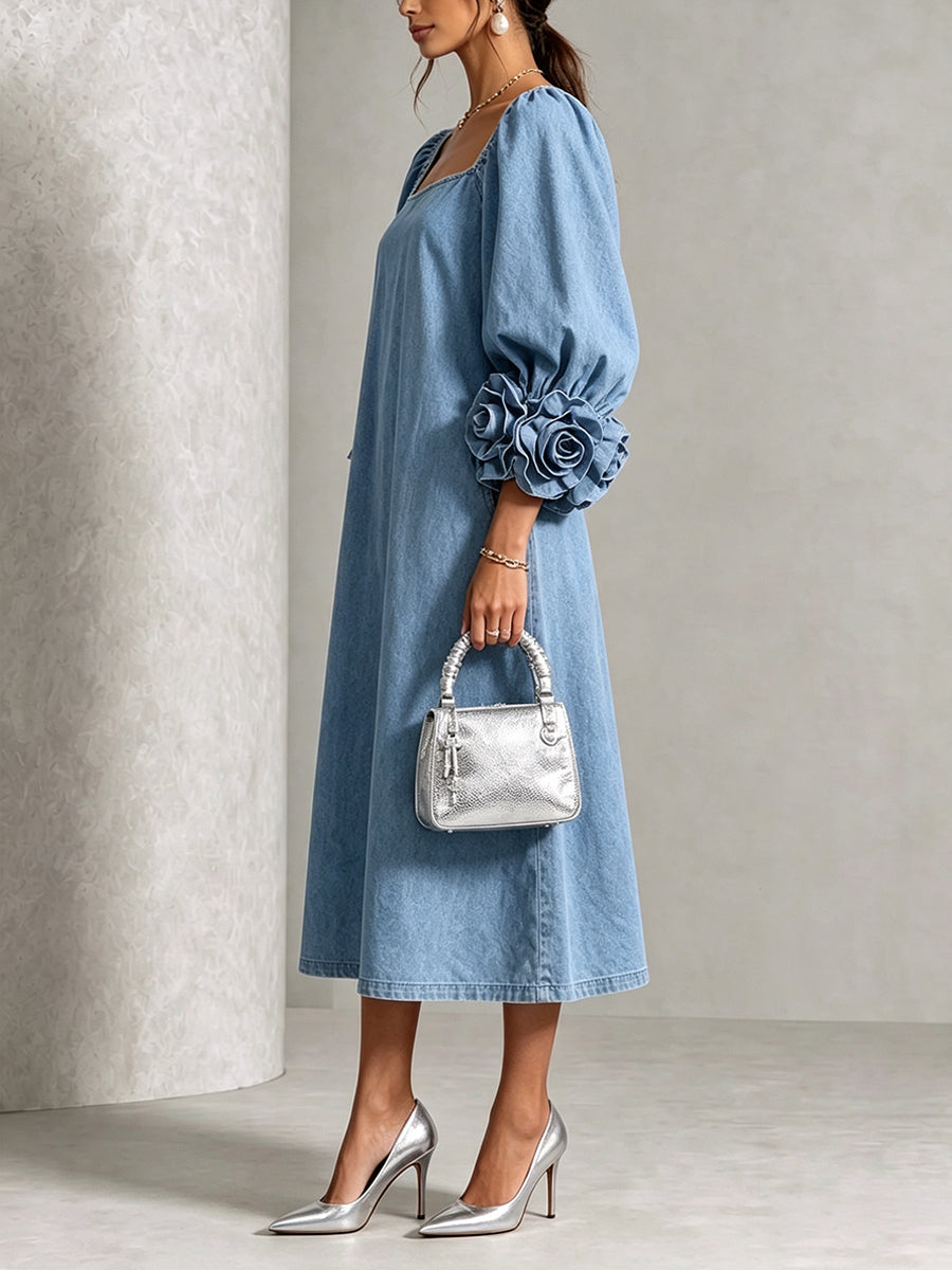 Curated Designer –Chic Chambray Denim 3D Rosette Square-Neck Dress