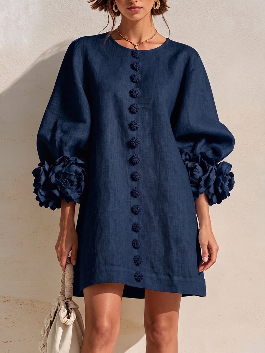Curated Designer –Stylish Denim Dress With 3d Floral CuffsRomantic Blush 3D Floral Sleeve Mini Dress