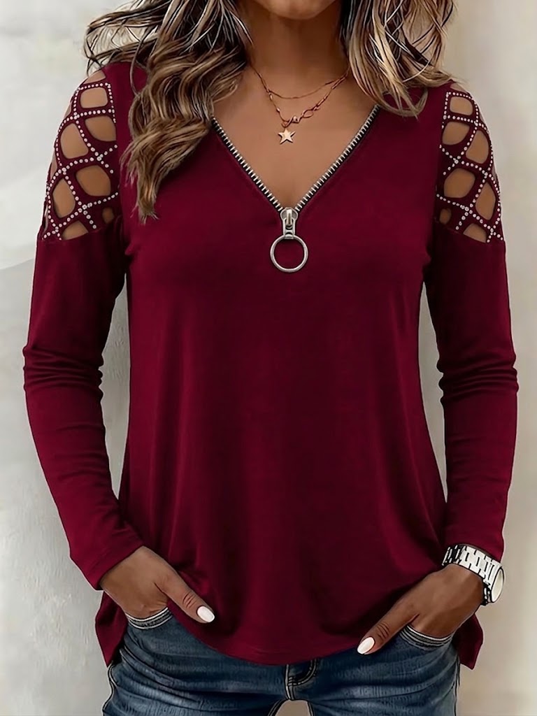 O-ring Zip V-neck Rhinestone Cutout Cold Shoulder Long Sleeve Top