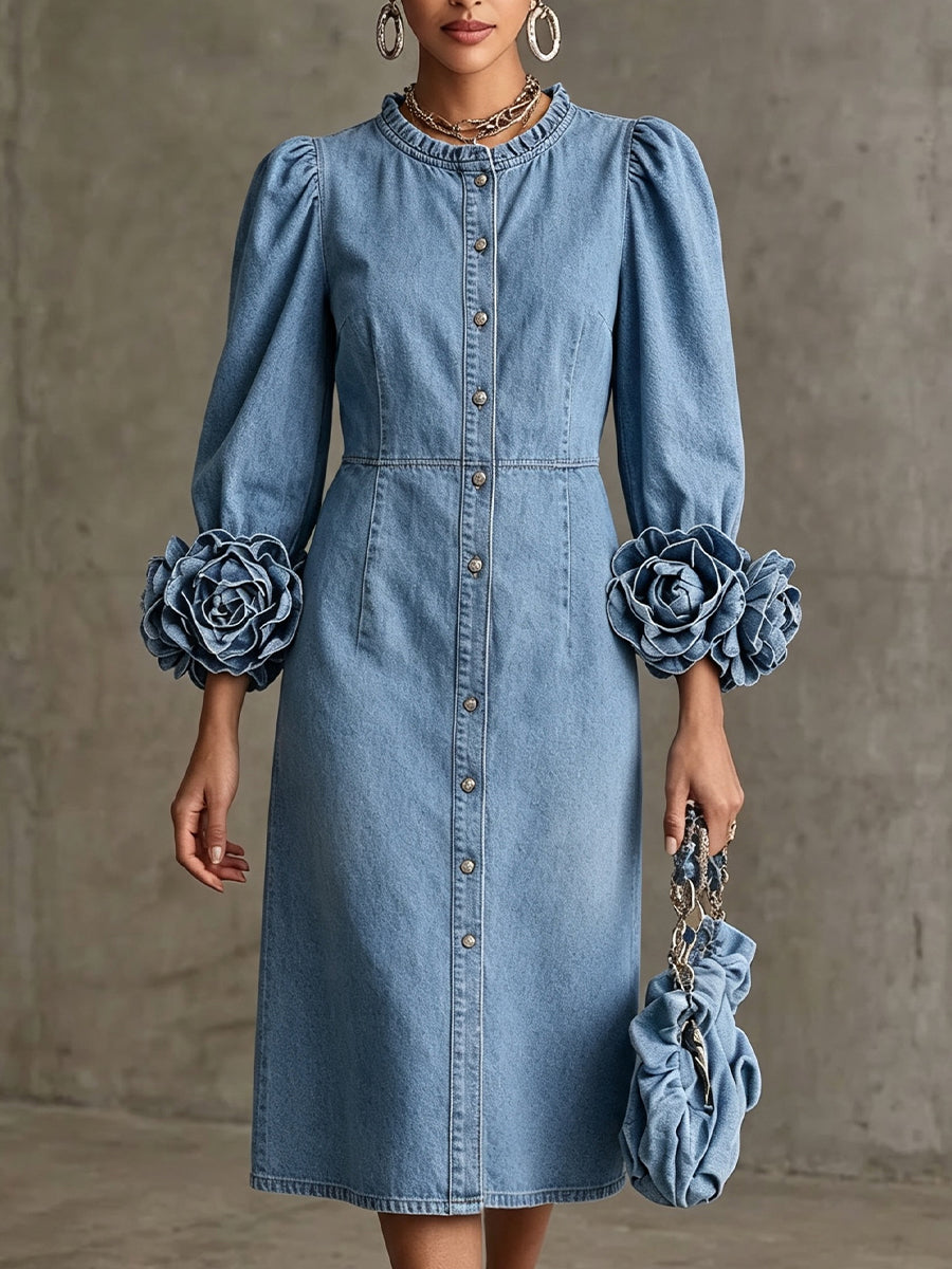 Curated Designer –Stylish Mid-length Denim Dress With 3d Floral Cuffs And Front Button Closure