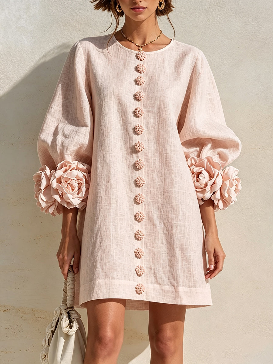 Curated Designer –Stylish Denim Dress With 3d Floral CuffsRomantic Blush 3D Floral Sleeve Mini Dress