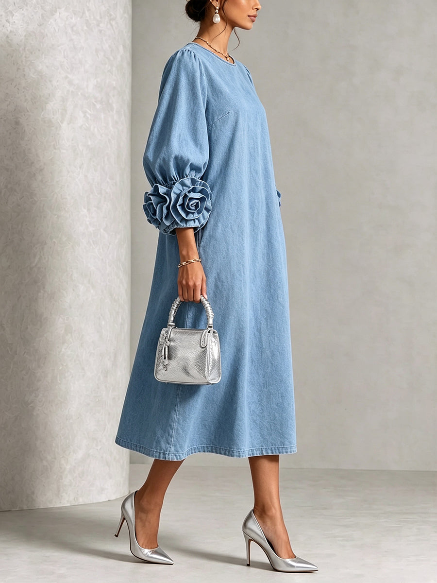 Curated Designer –Chic Chambray Denim 3D Rosette Sleeve Midi Dress