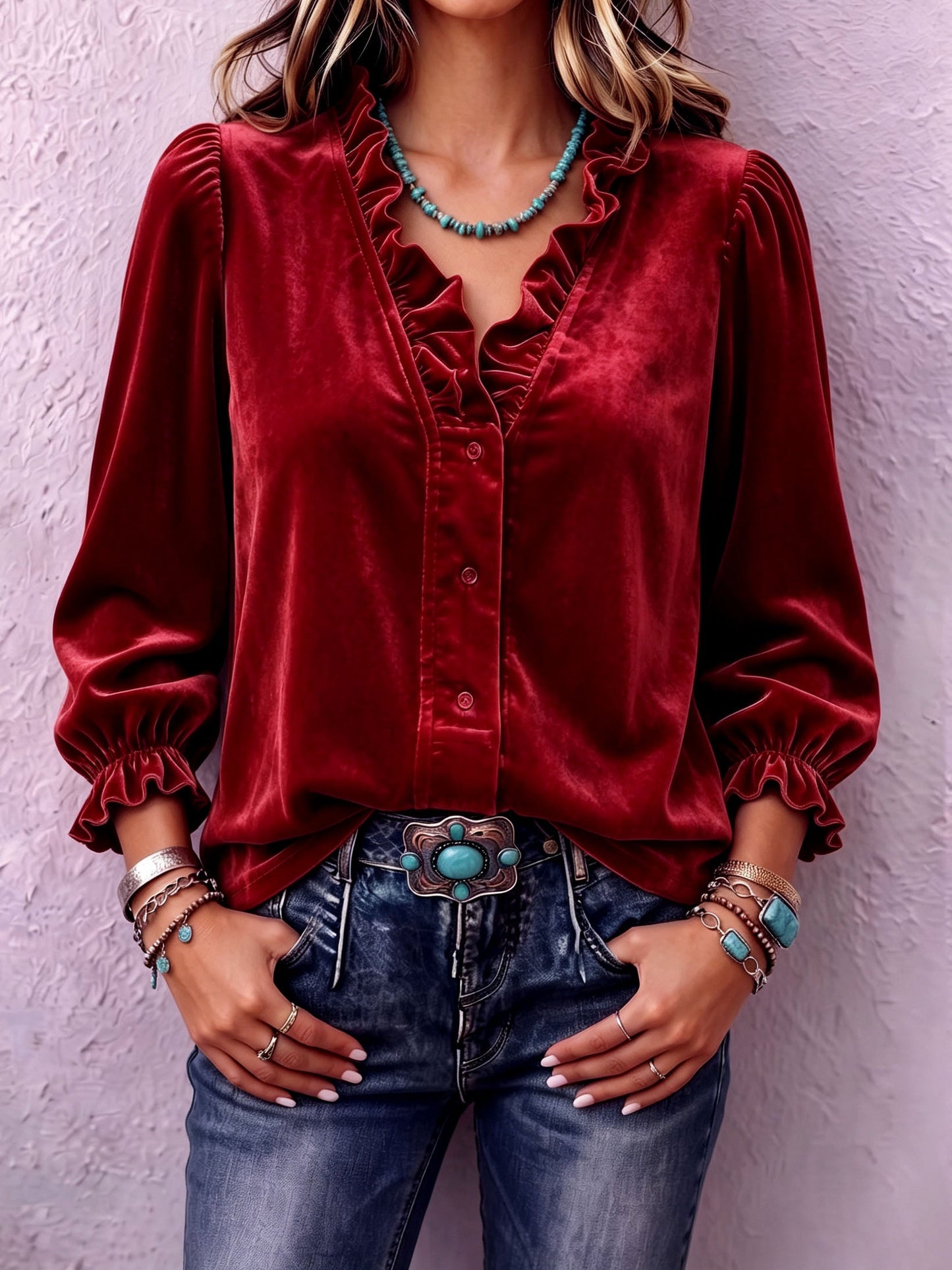 Retro Boho Ruffled Velvet Blouse