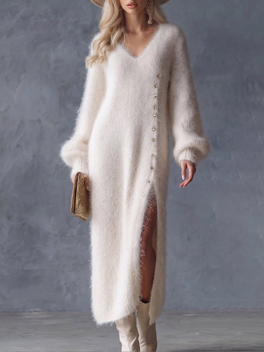 Stylish And Elegant V-neck Knitted Maxi Dress With A Soft, Velvety Feel