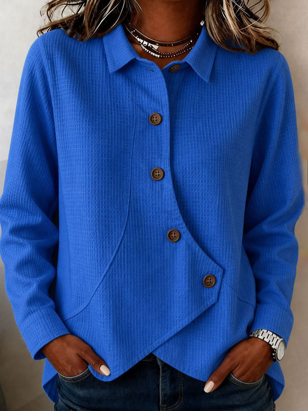Chic Asymmetric Button-front Waffle-knit Blouse