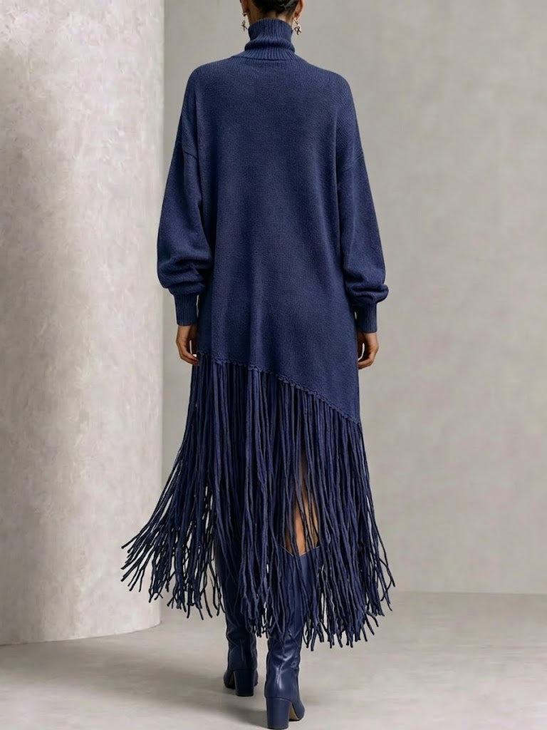 Curated Designer –Turtleneck Diagonal Fringe Oversized Knit Midi Dress
