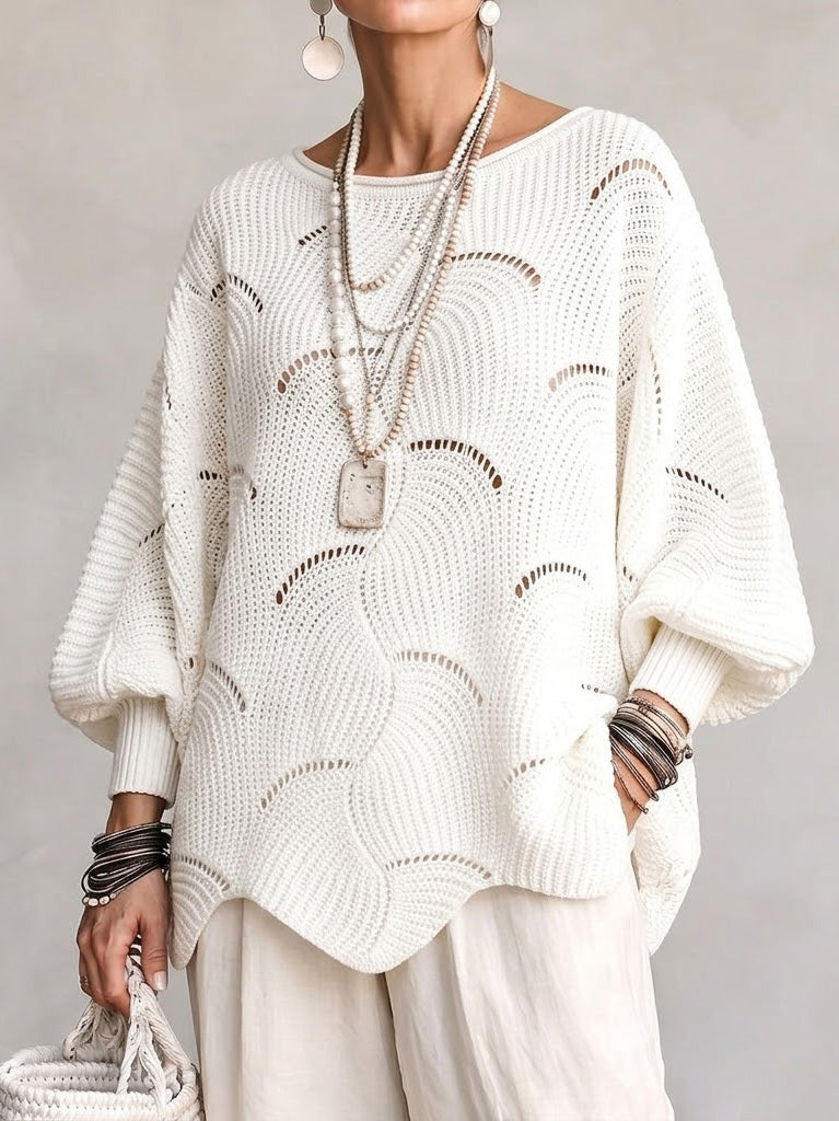 Curated Designer –Hollow Wave Pattern Loose Lantern Sleeve Knit Top