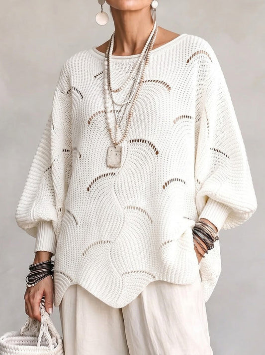 Curated Designer –Hollow Wave Pattern Loose Lantern Sleeve Knit Top
