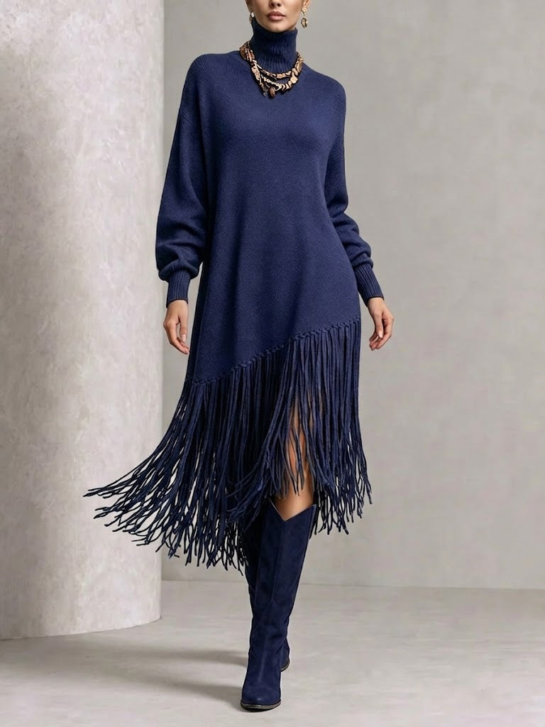 Curated Designer –Turtleneck Diagonal Fringe Oversized Knit Midi Dress