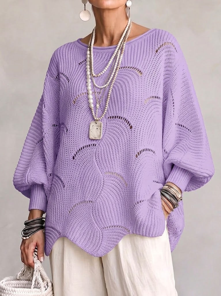 Curated Designer –Hollow Wave Pattern Loose Lantern Sleeve Knit Top