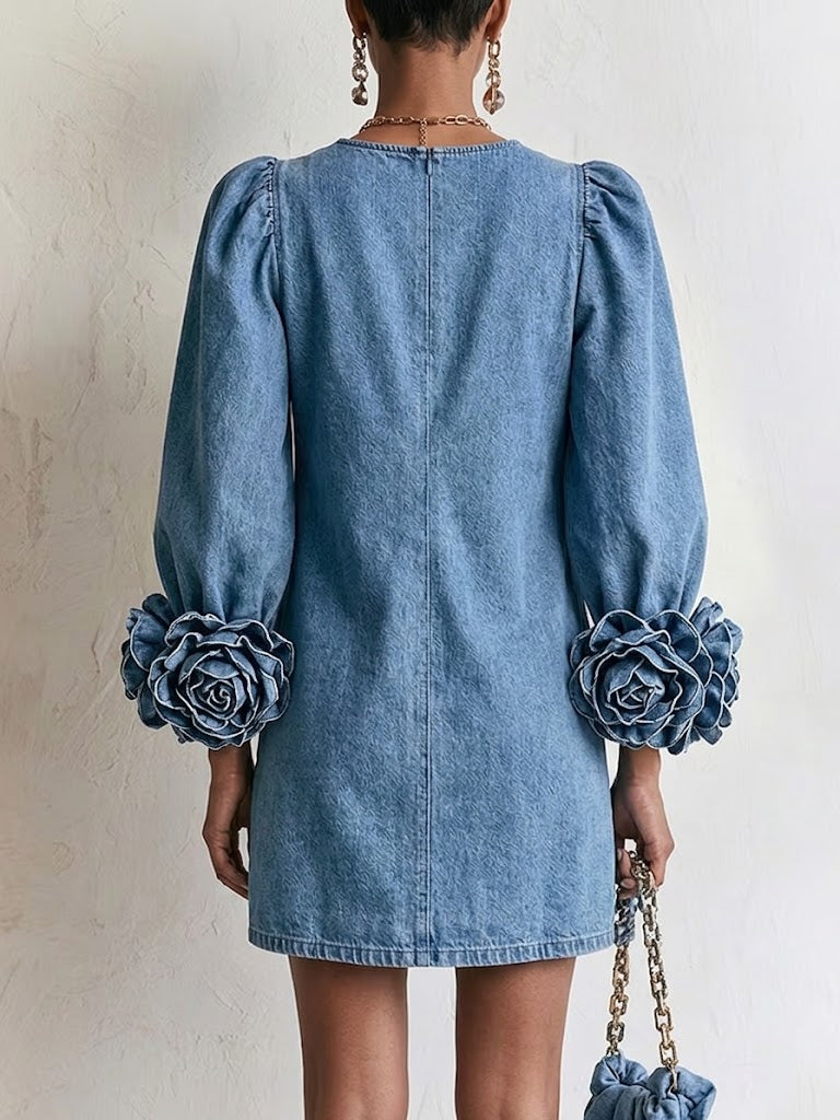 Curated Designer –Stylish Denim Dress With 3d Floral Cuffs