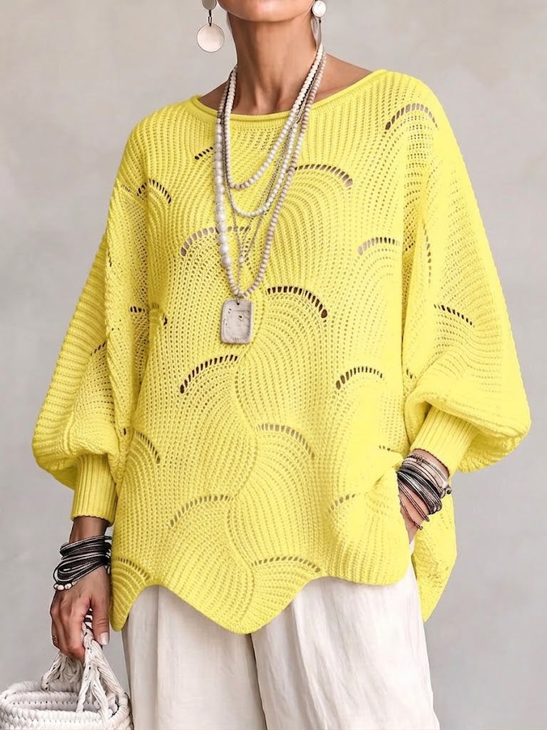Curated Designer –Hollow Wave Pattern Loose Lantern Sleeve Knit Top
