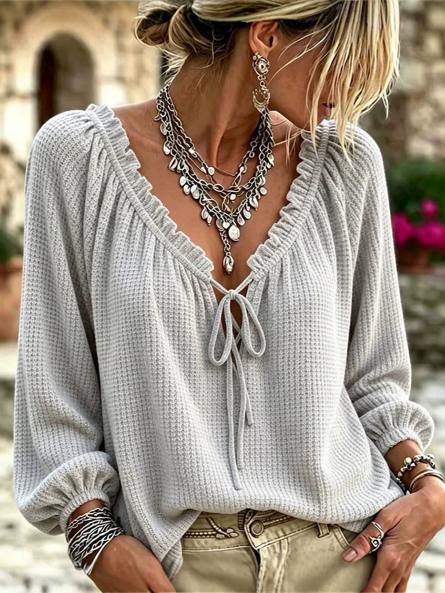 Comfortable Casual Waffle-knit Top With Ruffled V-neck