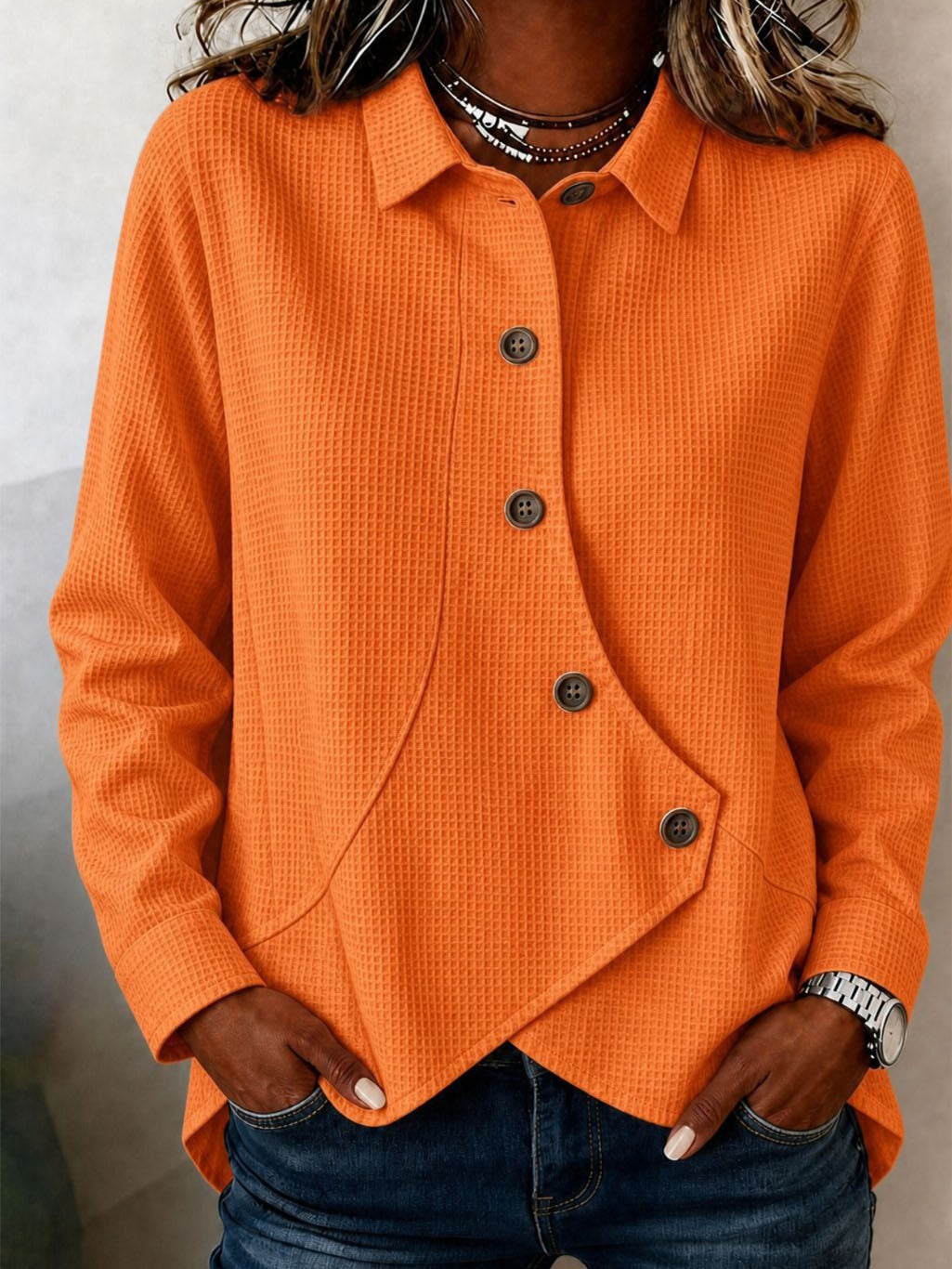 Chic Asymmetric Button-front Waffle-knit Blouse