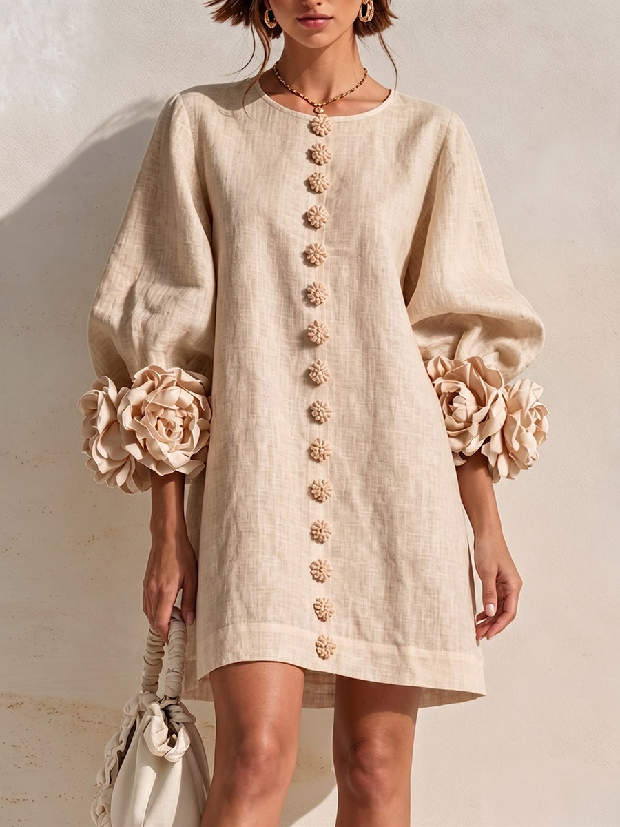 Curated Designer –Stylish Denim Dress With 3d Floral CuffsRomantic Blush 3D Floral Sleeve Mini Dress