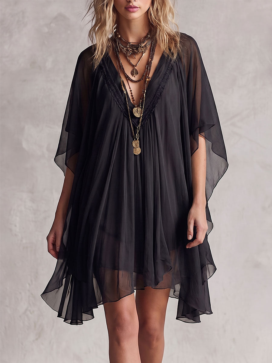 Women's Solid Color V-neck 3/4 Sleeve Casual Loose Chiffon Dress