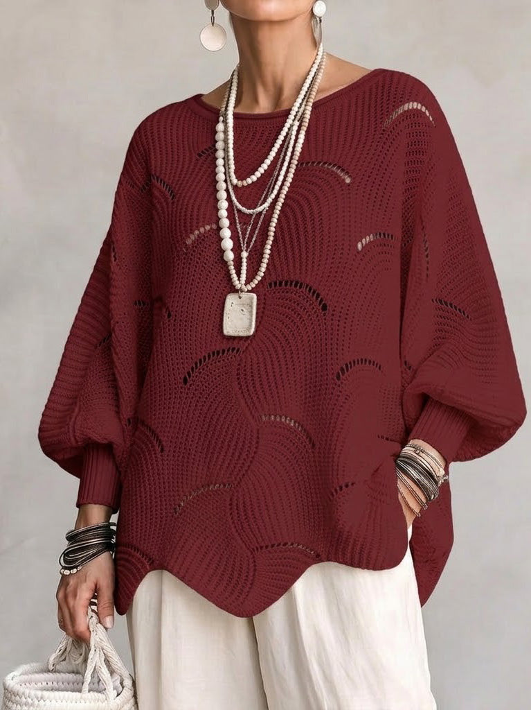 Curated Designer –Hollow Wave Pattern Loose Lantern Sleeve Knit Top