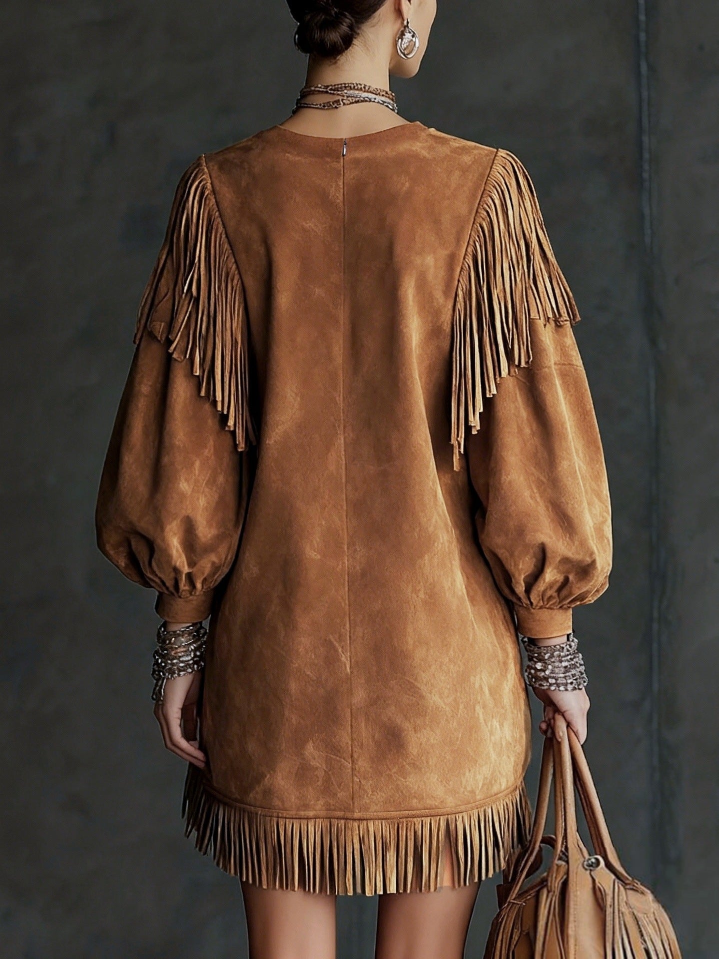 Curated Designer –Western-style Brown Faux-suede Fringe Dress