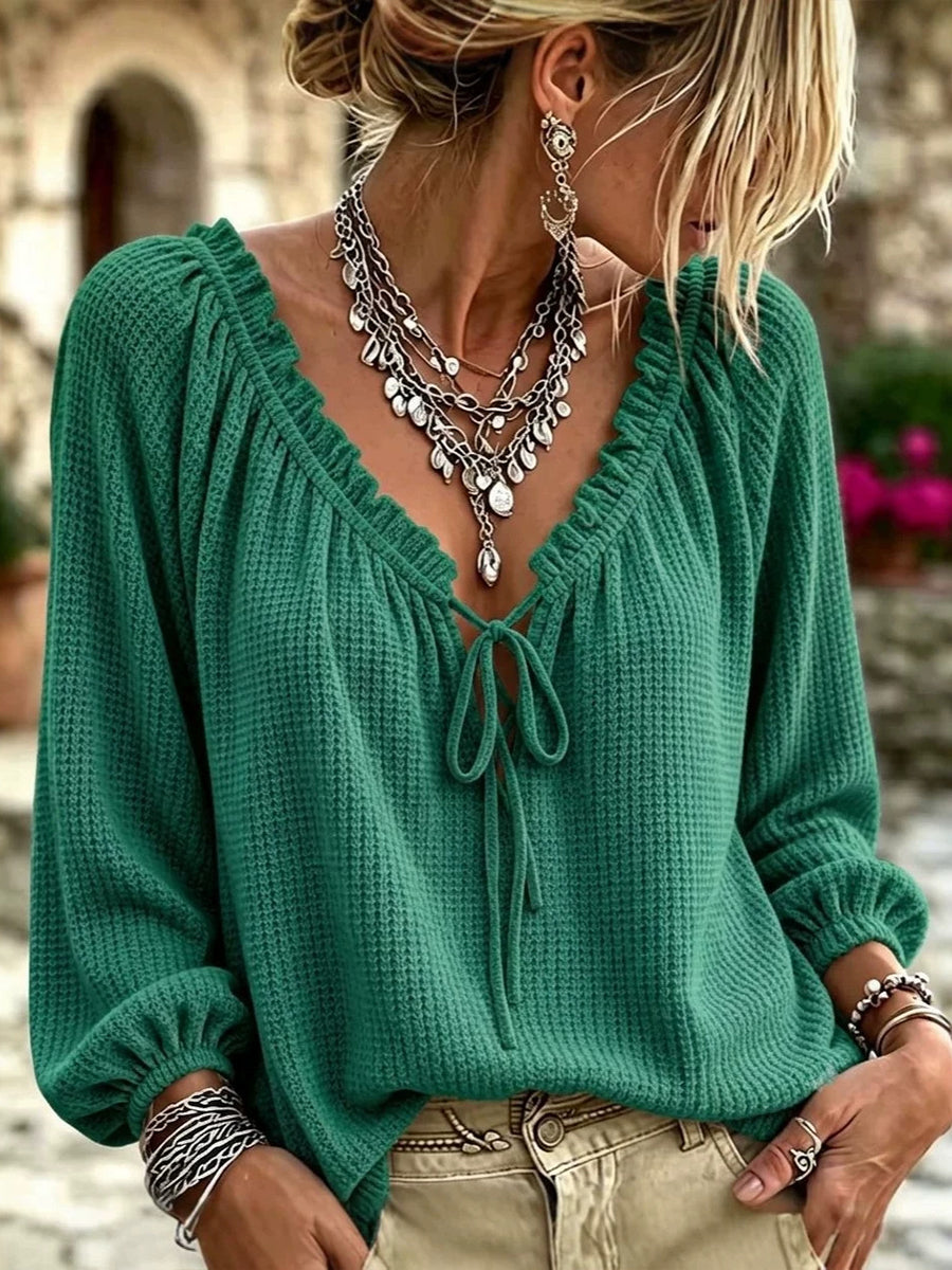 Comfortable Casual Waffle-knit Top With Ruffled V-neck