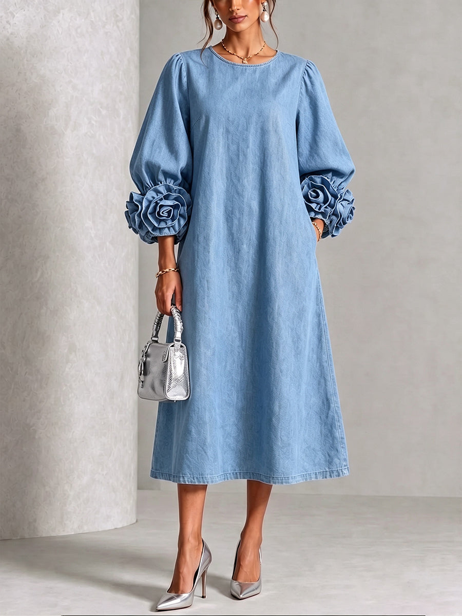 Curated Designer –Chic Chambray Denim 3D Rosette Sleeve Midi Dress