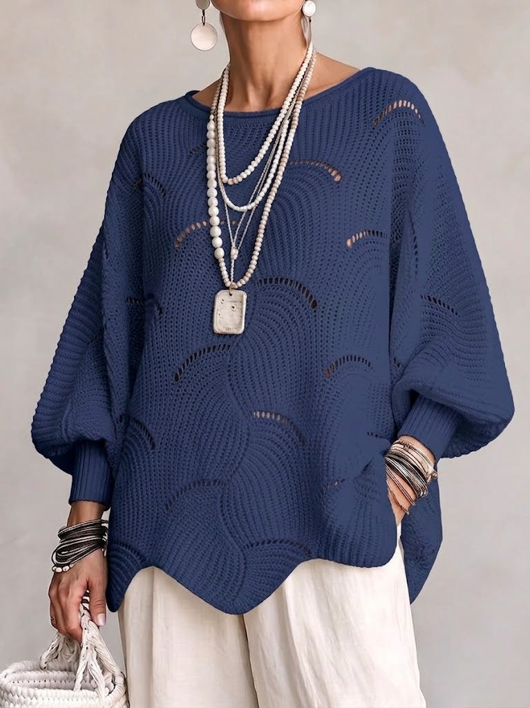 Curated Designer –Hollow Wave Pattern Loose Lantern Sleeve Knit Top