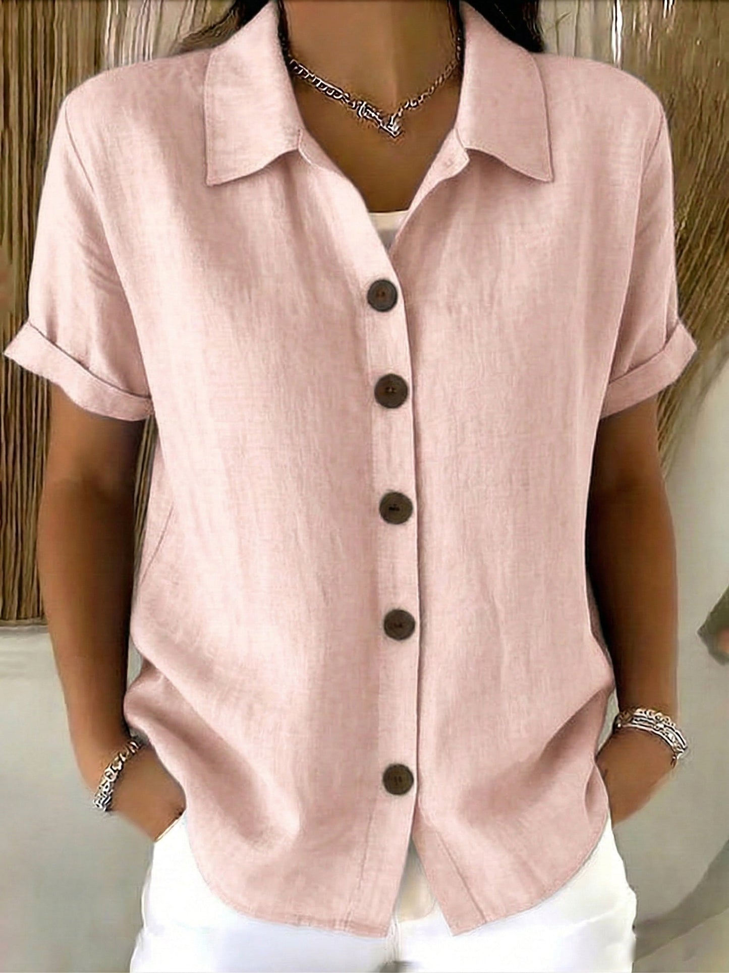 Casual Cozy Basic Button-up Linen-cotton Short-sleeved Shirt