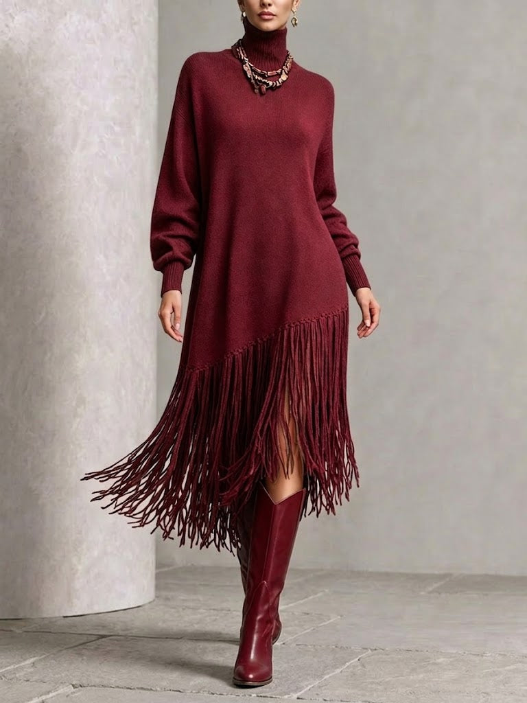 Curated Designer –Turtleneck Diagonal Fringe Oversized Knit Midi Dress