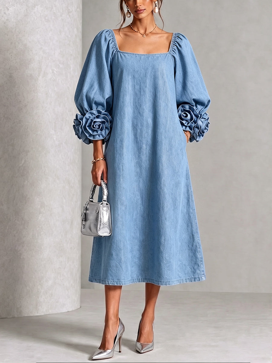 Curated Designer –Chic Chambray Denim 3D Rosette Square-Neck Dress