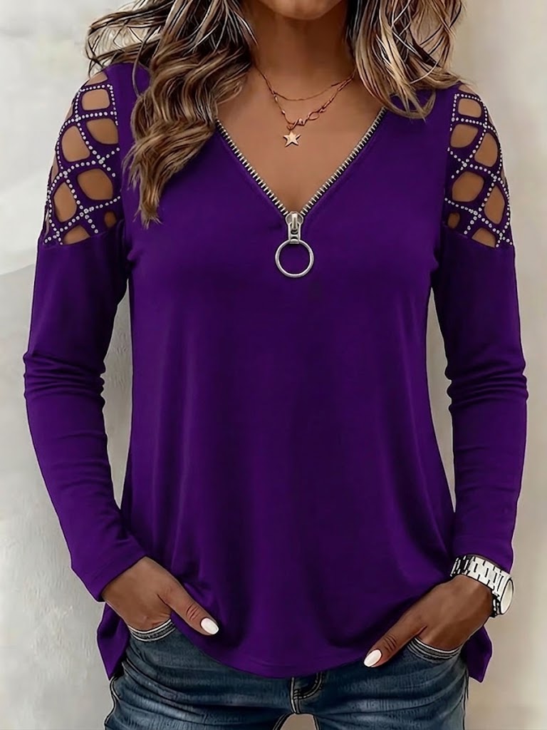O-ring Zip V-neck Rhinestone Cutout Cold Shoulder Long Sleeve Top