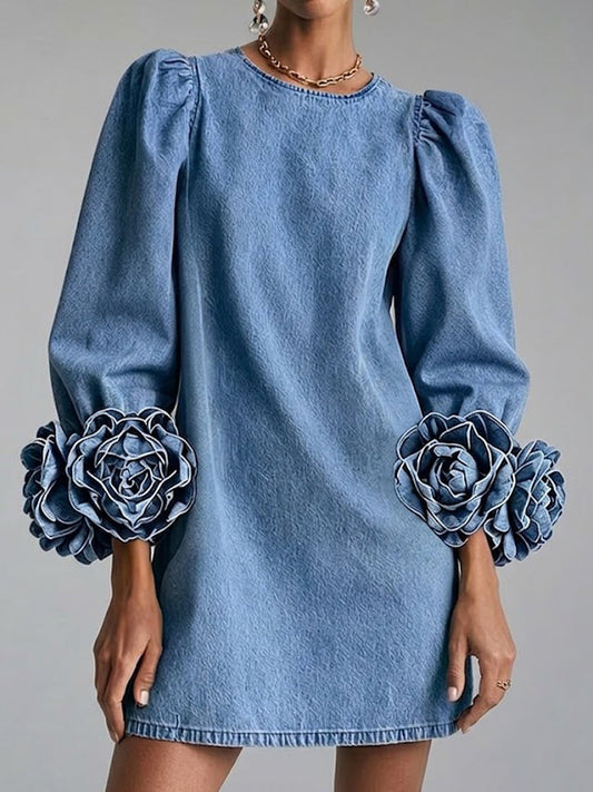 Curated Designer –Stylish Denim Dress With 3d Floral Cuffs