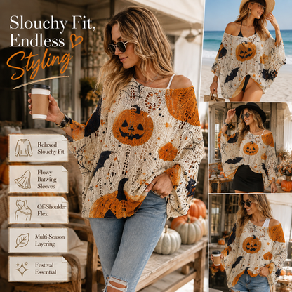 Women’s Pumpkin & Bat Crochet Knit Top – Festive Off-Shoulder Fall Style