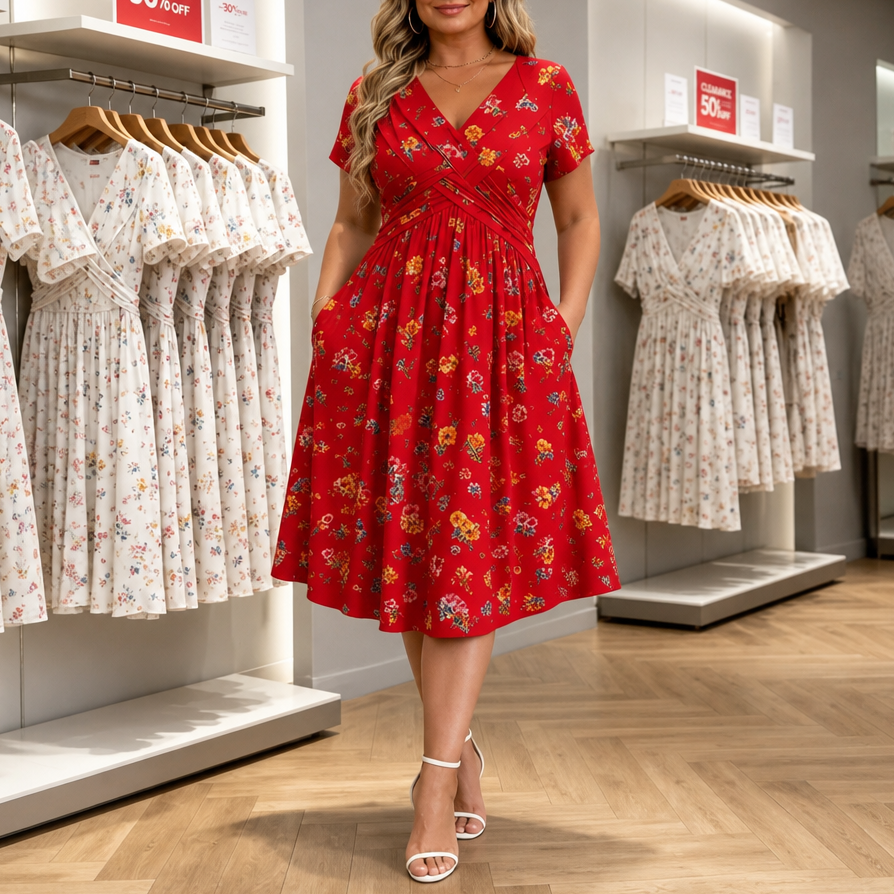 Twist-Waist Floral V-Neck Midi Dress