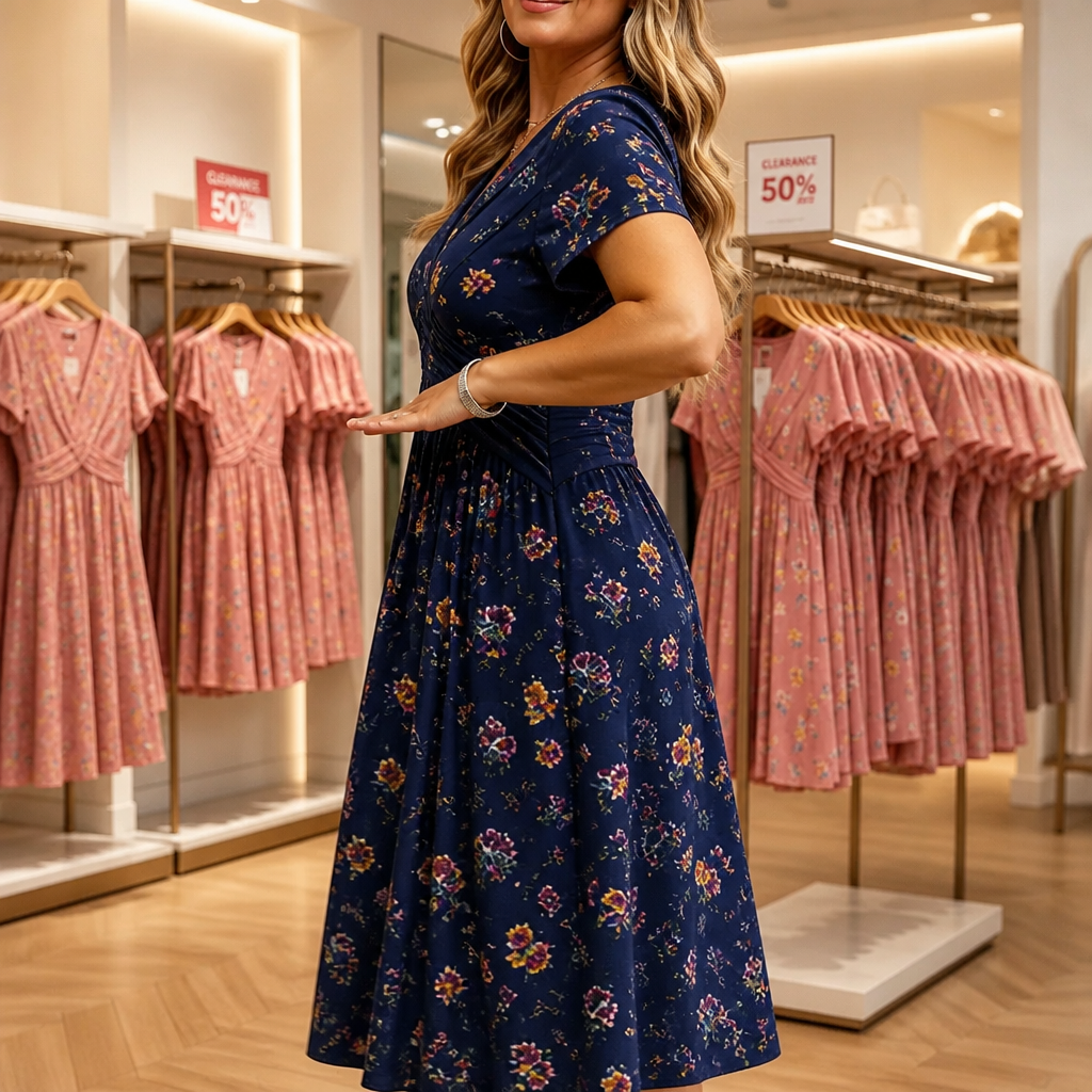 Twist-Waist Floral V-Neck Midi Dress
