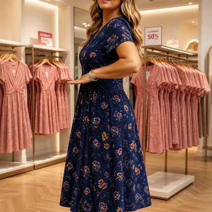 Twist-Waist Floral V-Neck Midi Dress