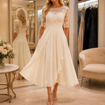 Embroidered Lace Bodice Midi Dress for Weddings