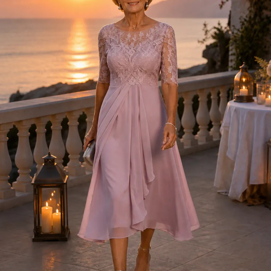 Embroidered Lace Bodice Midi Dress for Weddings