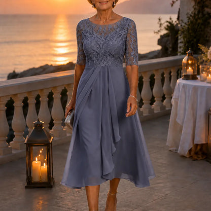 Embroidered Lace Bodice Midi Dress for Weddings