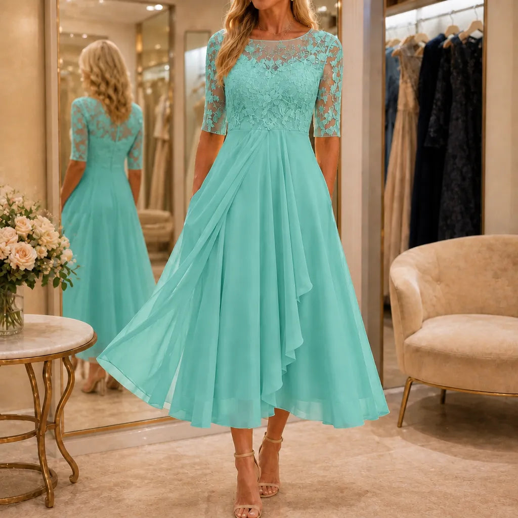 Embroidered Lace Bodice Midi Dress for Weddings