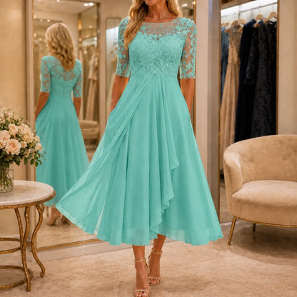 Embroidered Lace Bodice Midi Dress for Weddings